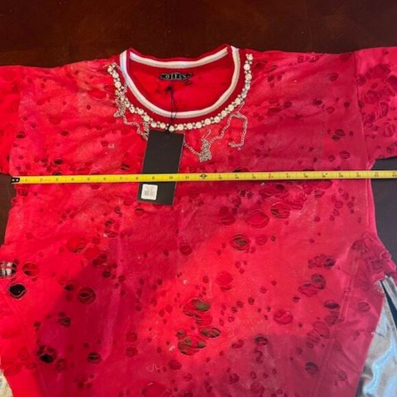 Distressed Olyss Red Short Sleeve ripped T-Shirt With Rhinestone & Chain sz L - Picture 6 of 9